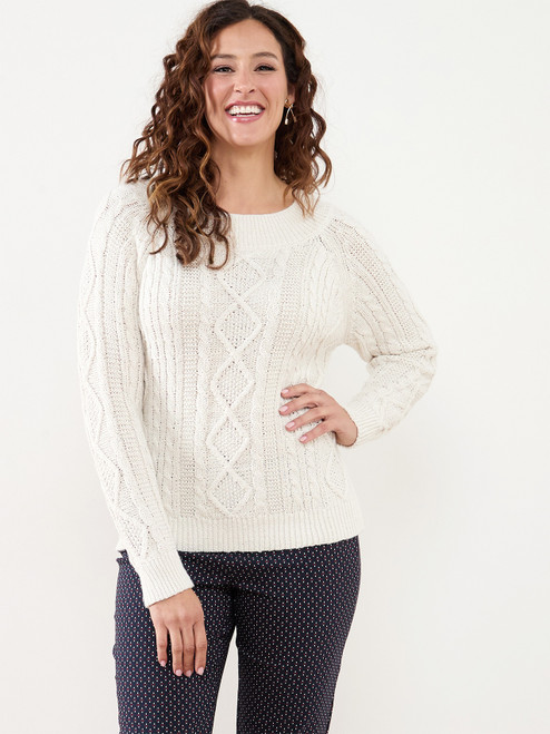 Speckle Cable Knit Pullover Sweater in White