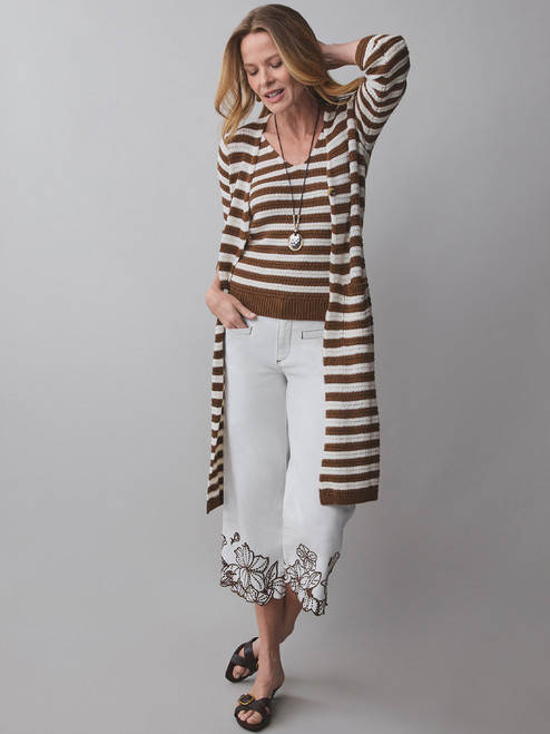 Petite Long Sleeve Textured Cardigan Sweater in Tobacco Stripe