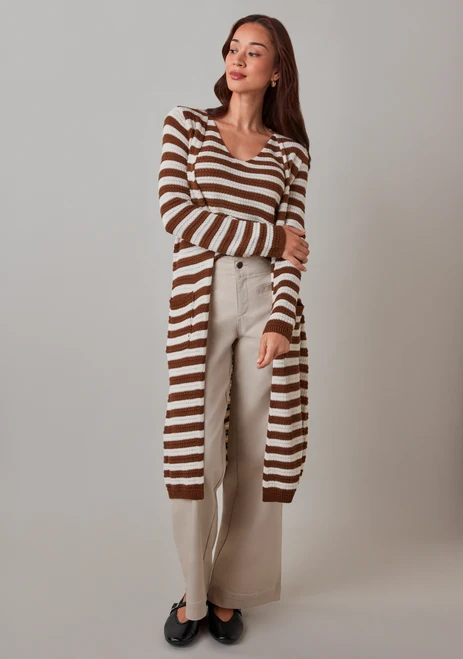 Petite Long Sleeve Textured Cardigan Sweater in Tobacco Stripe
