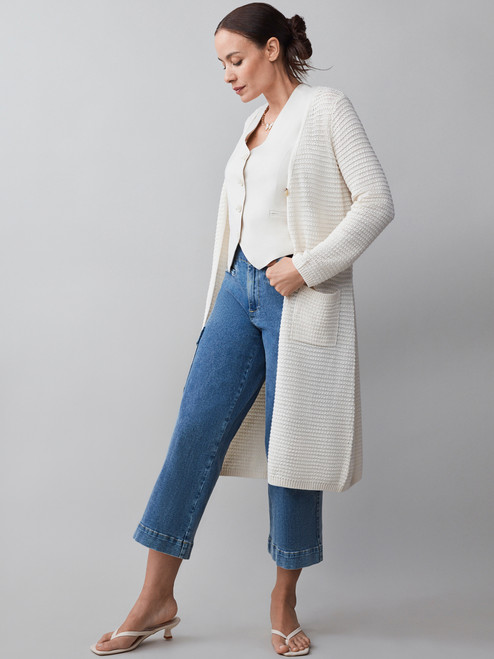 Petite Long Sleeve Textured Cardigan Sweater in Ecru
