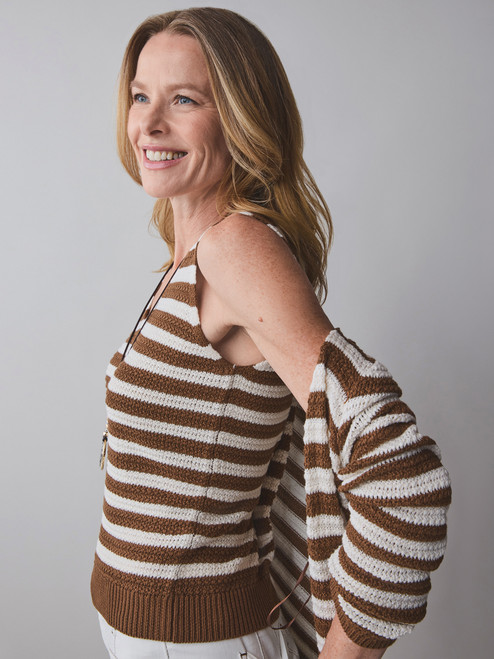 Petite Sleeveless Textured Stripe V-Neck Sweater in Tobacco Stripe