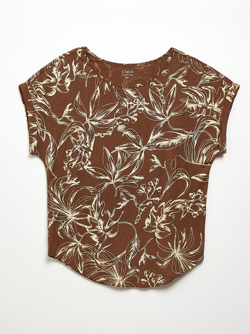 Petite Short Cuffed Sleeve Slub Boat Neck Tee in Tobacco Sketch