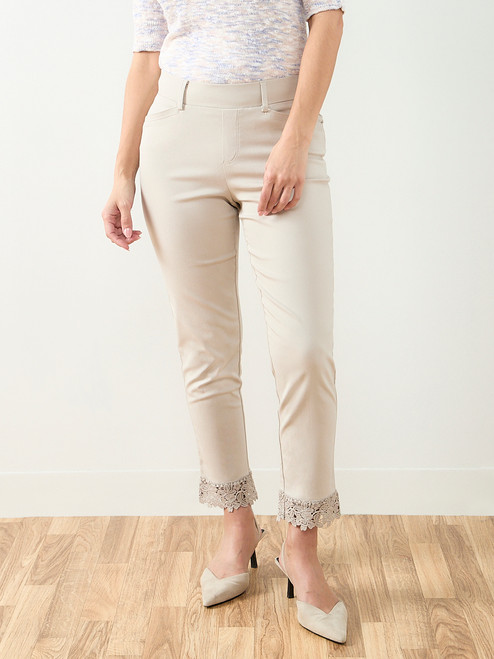 Emily Embroidered Microtwill Ankle Pant in Stone