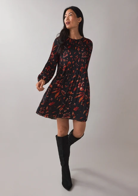 Plisse Long Sleeve Dress in Black Floral