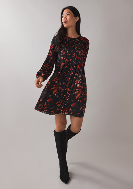 Plisse Long Sleeve Dress in Black Floral