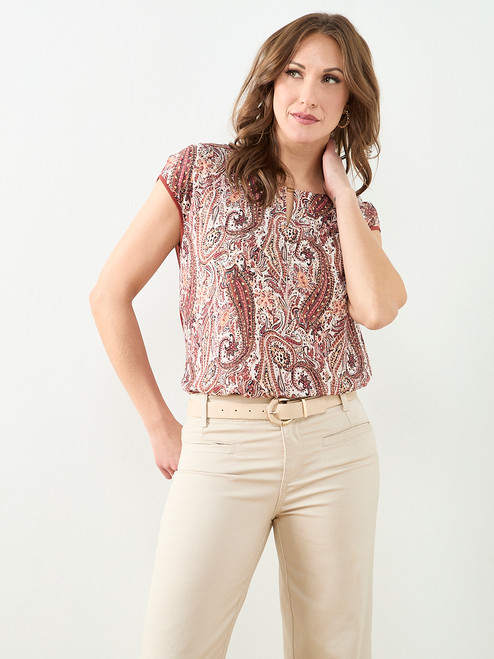 Cap Sleeve Mixed Media Hardware Top in Paisley