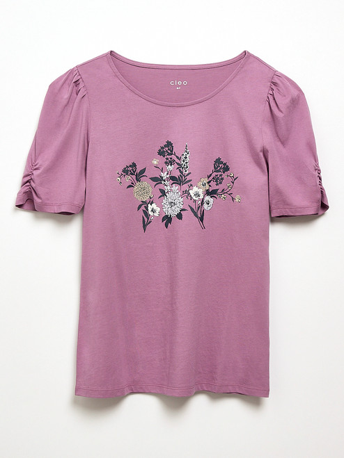 Ruched Elbow Sleeve Scoop Neck Tee in Purple Floral