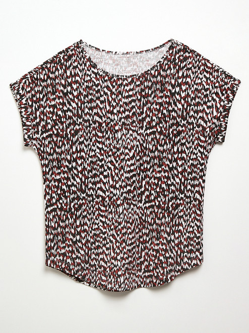 Short Cuffed Sleeve Slub Boat Neck Tee in Terracotta Abstract