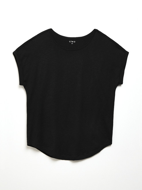 Petite Short Cuffed Sleeve Slub Boat Neck Tee in Black