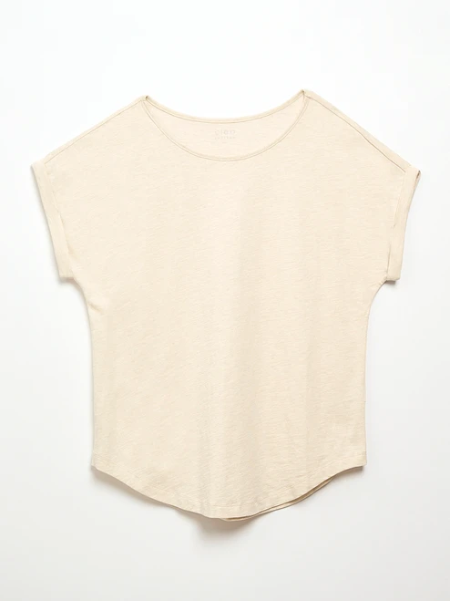 Petite Short Cuffed Sleeve Slub Boat Neck Tee in Stone Mix