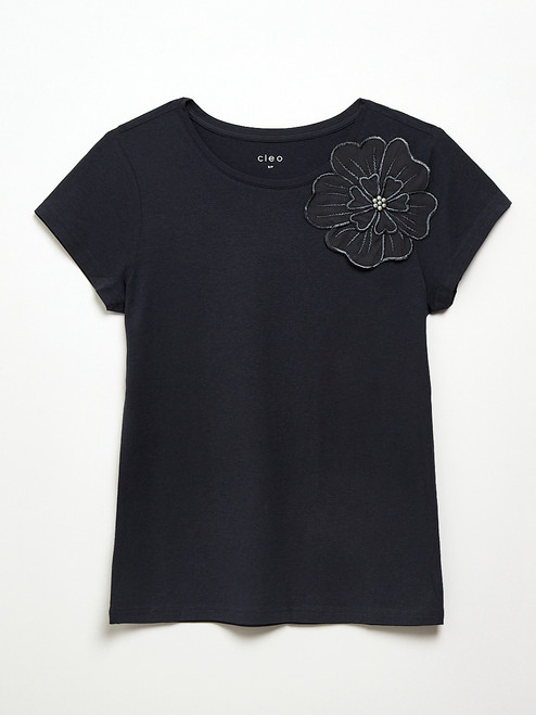 Navy Short Sleeve Floral Applique Tee