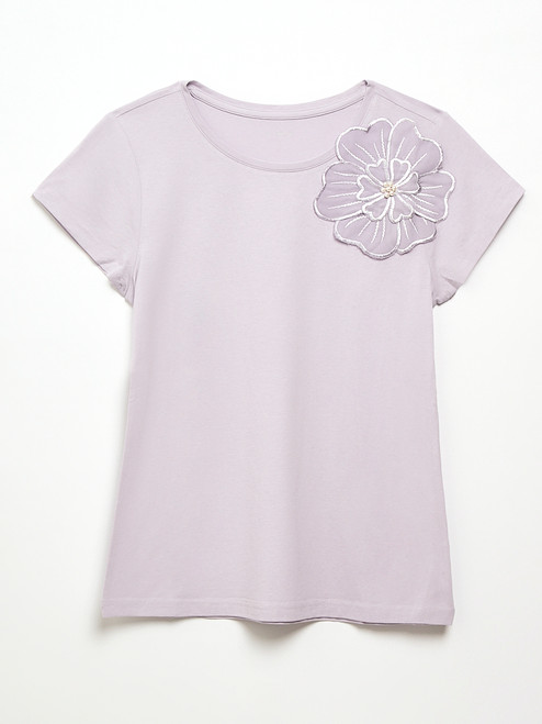 Lavender Short Sleeve Floral Applique Tee