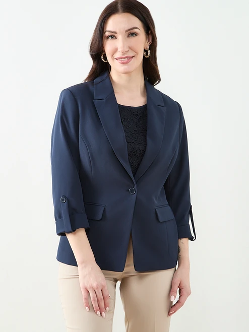 Roll Cuff 1 Button Blazer in Navy