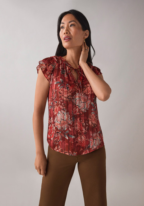 Short Sleeve Ruffle Blouse in Terracotta Floral
