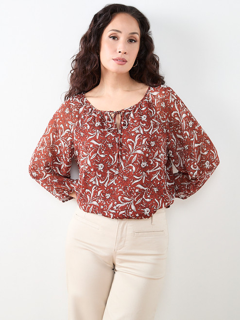 Petite 3/4 Sleeve Round Neck Blouse in Terracotta Paisley Floral
