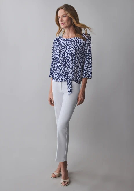 3/4 Sleeve Round Neck Top with Side Tie Detail in Blue White Geo