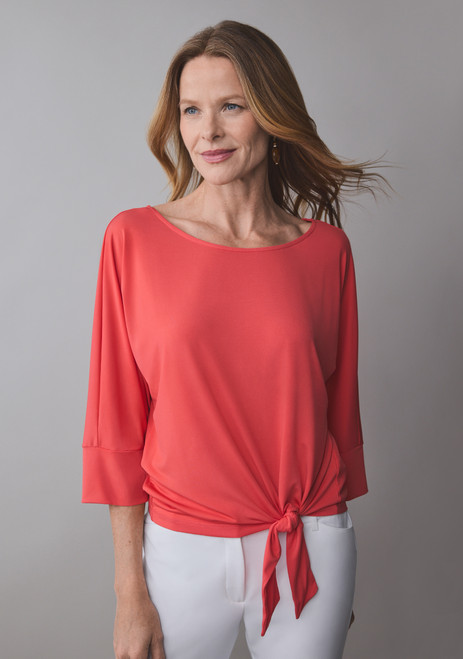 3/4 Sleeve Round Neck Top with Side Tie Detail in Papaya