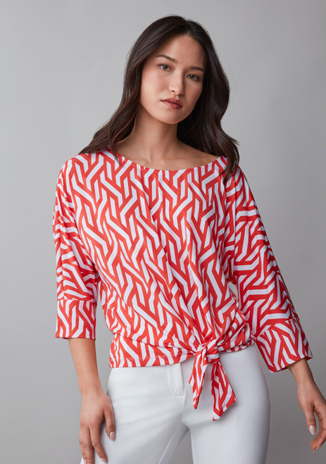 3/4 Sleeve Round Neck Top with Side Tie Detail in Papaya White Graphic