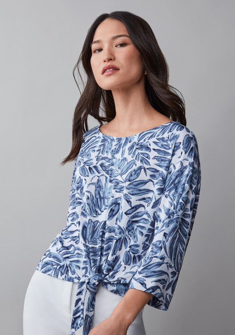 3/4 Sleeve Round Neck Top with Side Tie Detail in Navy Leaf