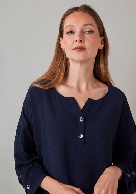 3/4 Sleeve Button Detail Split Neck Blouse in Navy