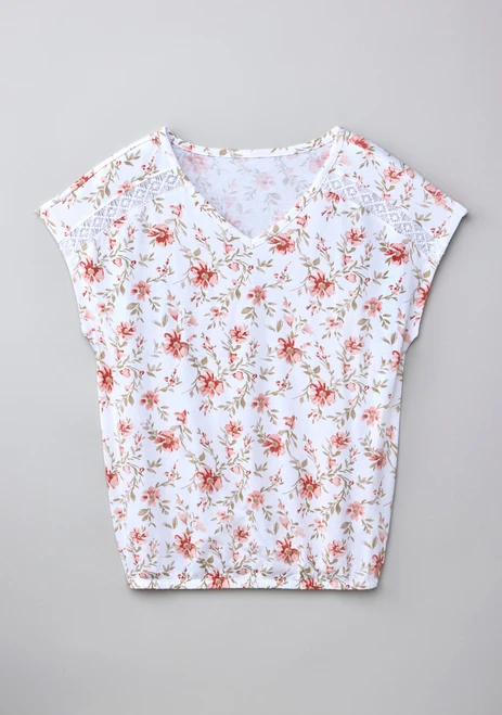 Bubble Hem Short Sleeve V Neck Tee in Apricot Floral