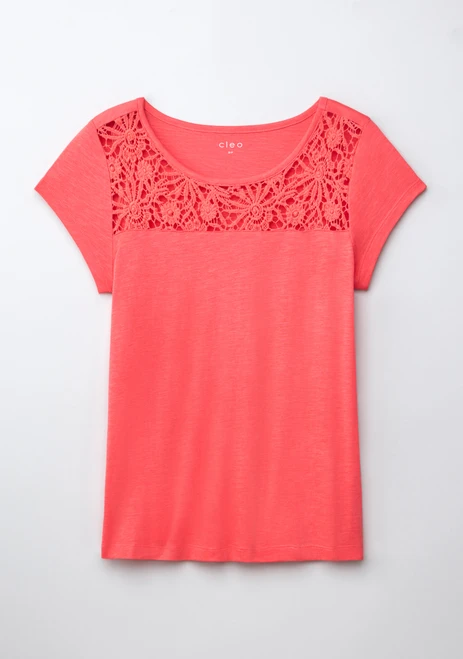 Crochet Trim Scoop Tee in Papaya
