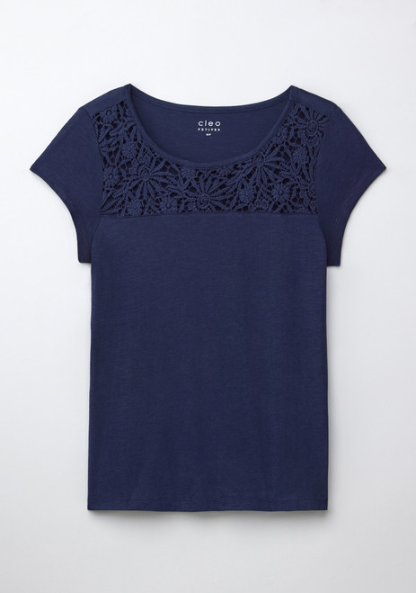 Crochet Trim Scoop Tee in Navy