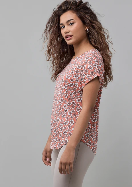 Short Sleeve Cuffed Slub Boat Neck Tee in Salmon Floral