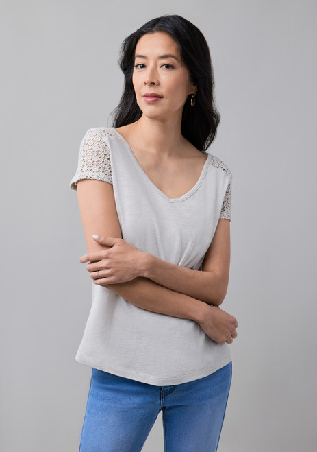 Crochet Insert V Neck Tee in Stone