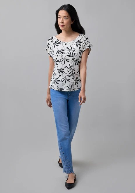 Rouched Shoulder Boat Neck Tee in Ecru Leaf