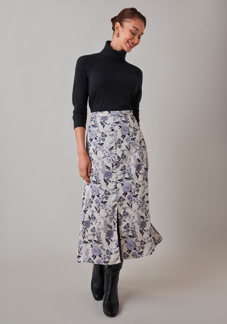Satin Button Front Skirt in Lavender Floral