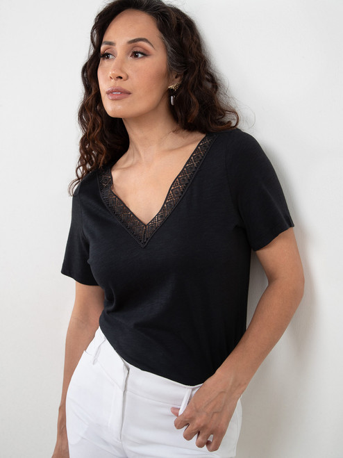 Petite Short Sleeve Black Crochet V-Neck T-Shirt