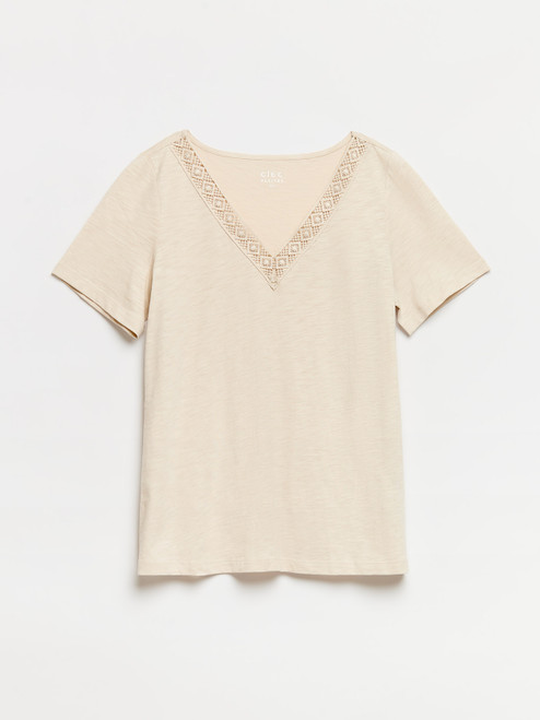 Petite Short Sleeve Sand Crochet V-Neck T-Shirt