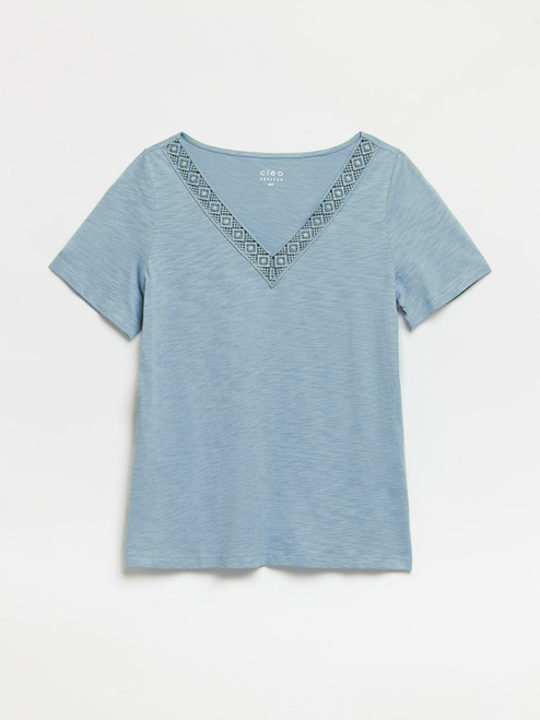 Short Sleeve Blue Crochet V-Neck T-Shirt