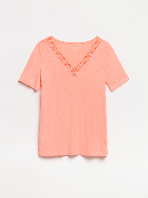 Short Sleeve Coral Crochet V-Neck T-Shirt