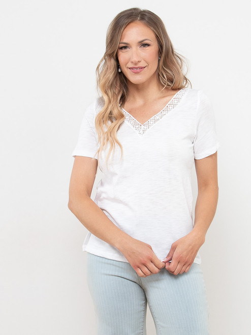 Short Sleeve Crochet V-Neck T-Shirt