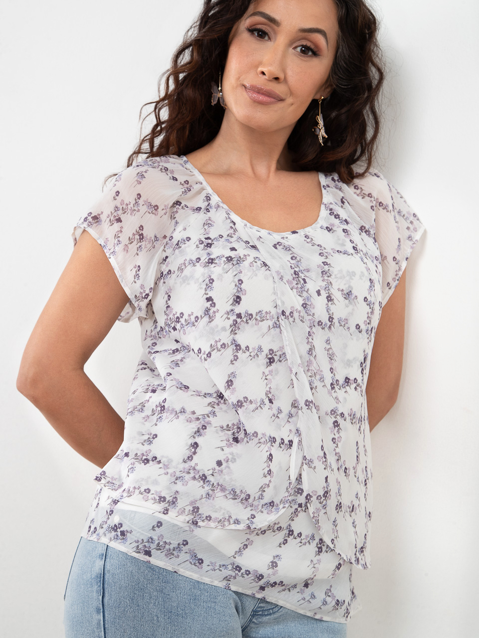 Petite Tulip Front Chiffon Blouse in Purple Print | Cleo