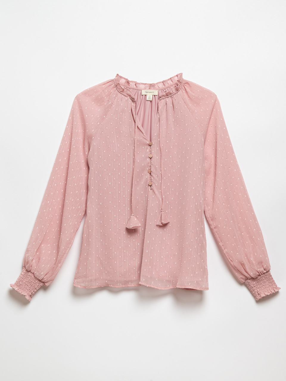 Long Sleeve Pink Clip Dot Blouse with Flower Buttons by