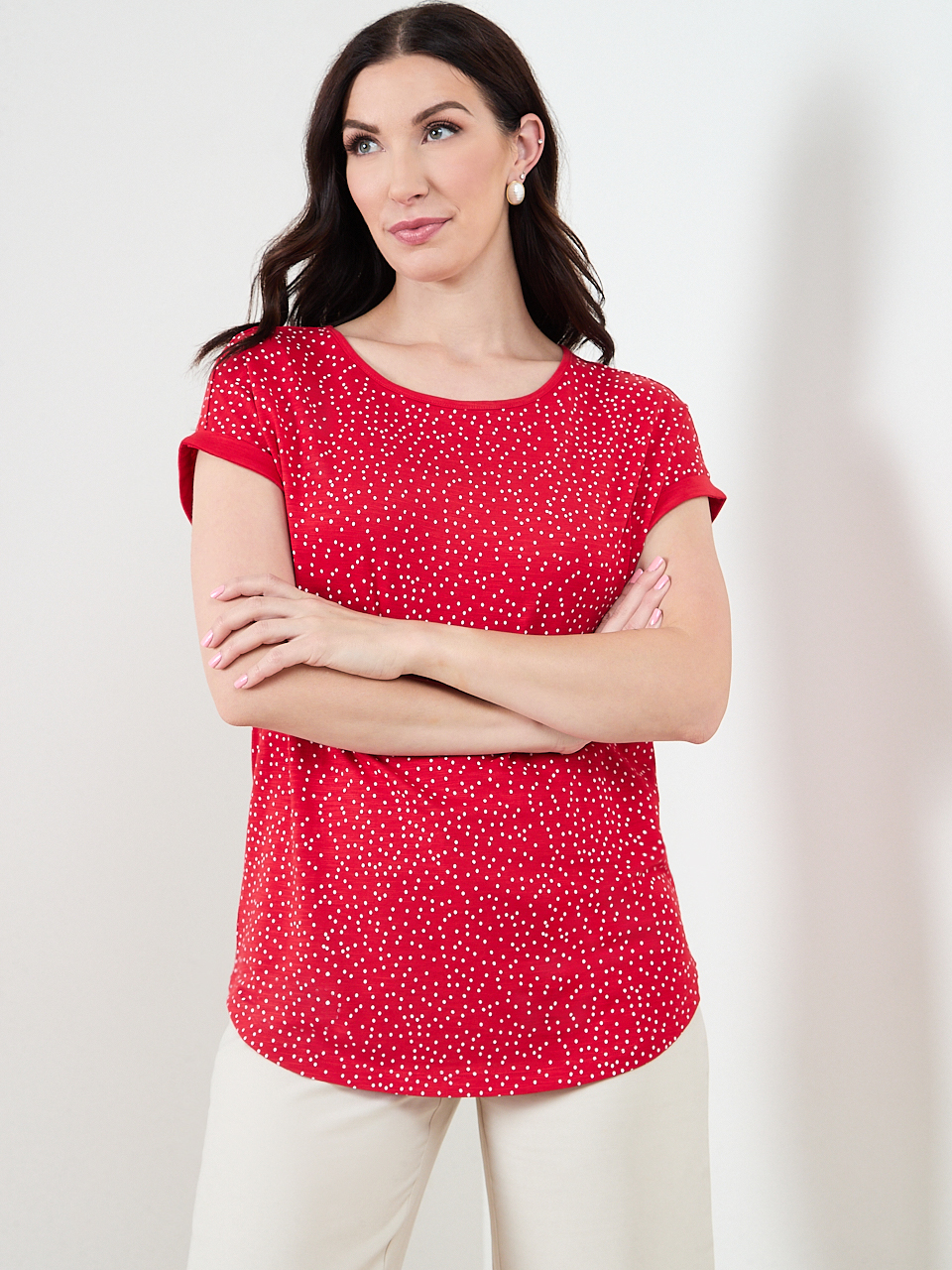 Short Sleeve Boatneck T-Shirt In Crimson-White Dot | Cleo