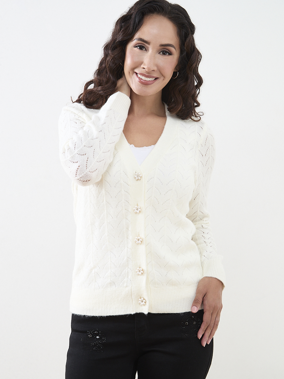 Petite Pointelle-Knit Flower-Button Cardigan | Cleo