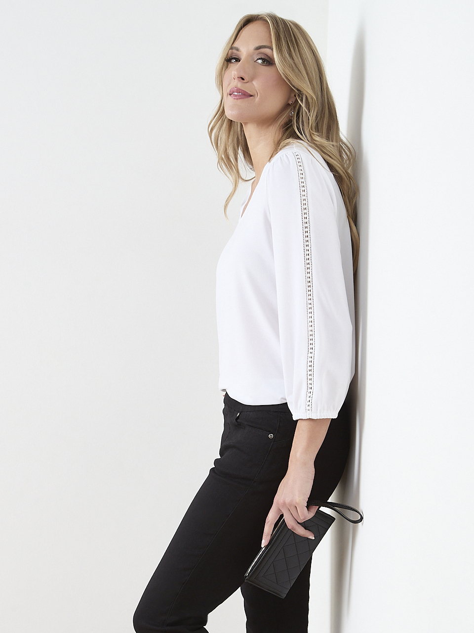 3/4 Sleeve V-Neck Crochet Insert Top | Cleo