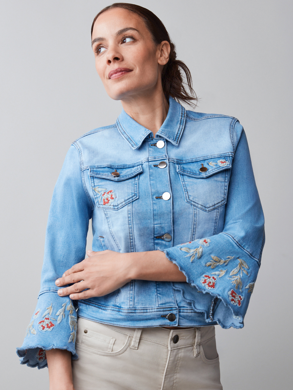 Embroidered Bell Sleeve Denim Jacket in Light Wash | Cleo