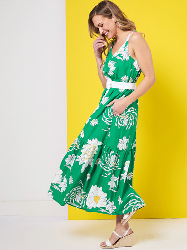Woven Maxi Dress with Belt in Kelly Green | Cleo
