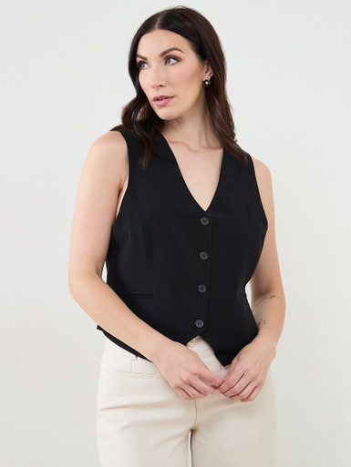 Button Front Vest In Black | Cleo