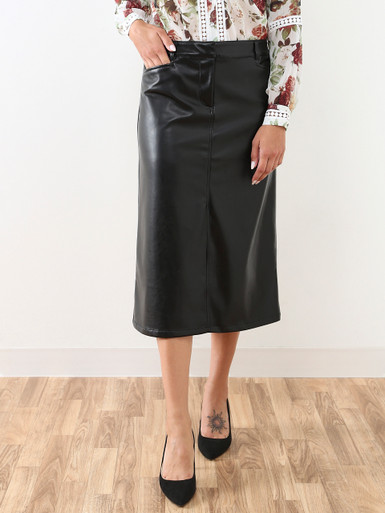Black Vegan Leather Front Slit Skirt | Cleo