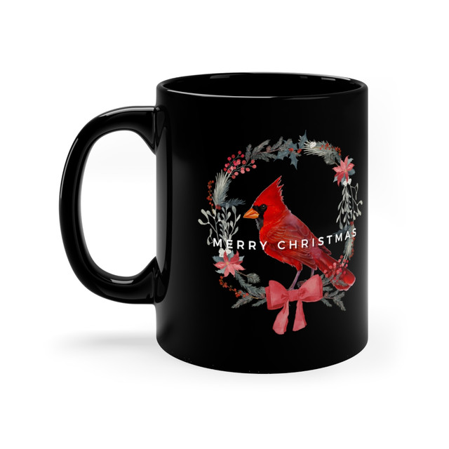 11oz Black Mug, Cardinal wreath mug, Christmas gift