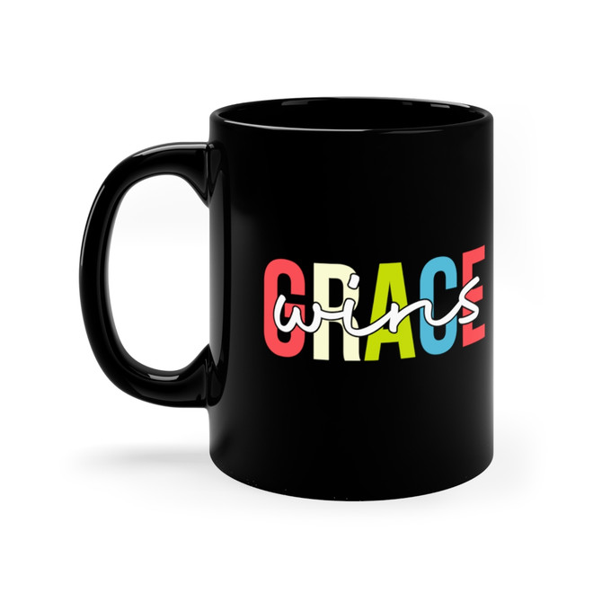 11oz Black Mug, Grace Wins design, Gift for hot chocolate lover