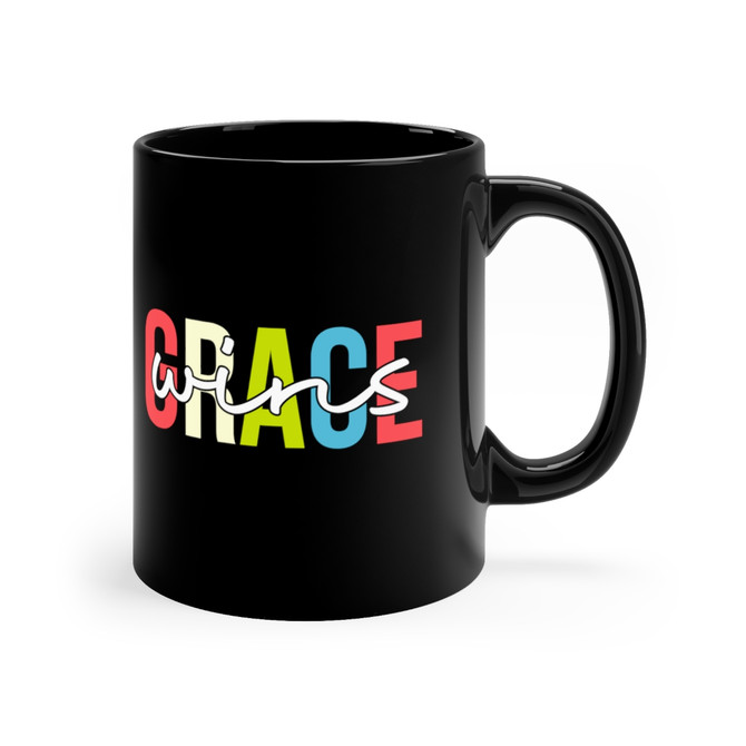 11oz Black Mug, Grace Wins design, Gift for hot chocolate lover