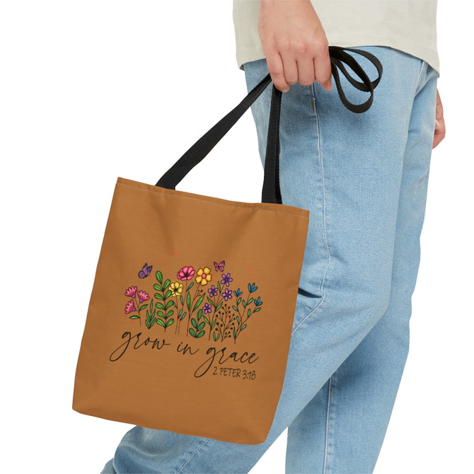 Tote Bag (AOP), Grow in Grace bag, Brown bag