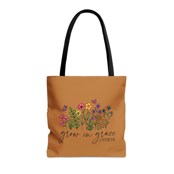 Tote Bag (AOP), Grow in Grace bag, Brown bag